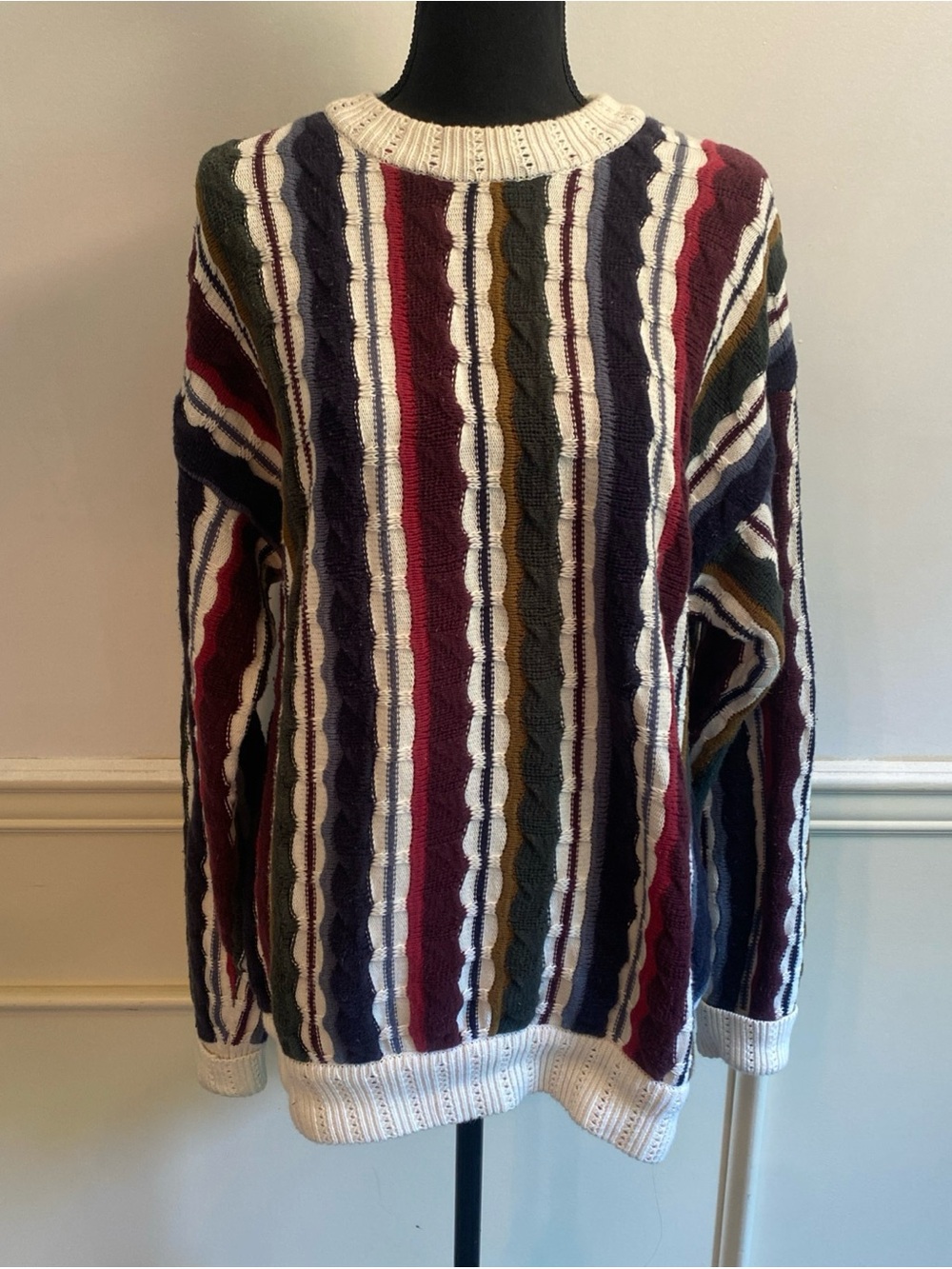 Structure Striped Cable Knit Sweater - Cream, Burgundy, Navy, Olive Vintage Mens